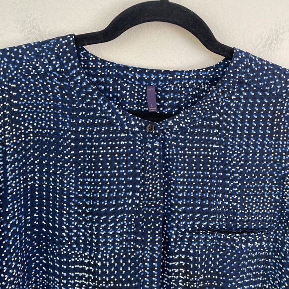 NYDJ Womens Large Blue White Dotted 3/4 Sleeve Blouse Top Pullover Button Front - Picture 8 of 9
